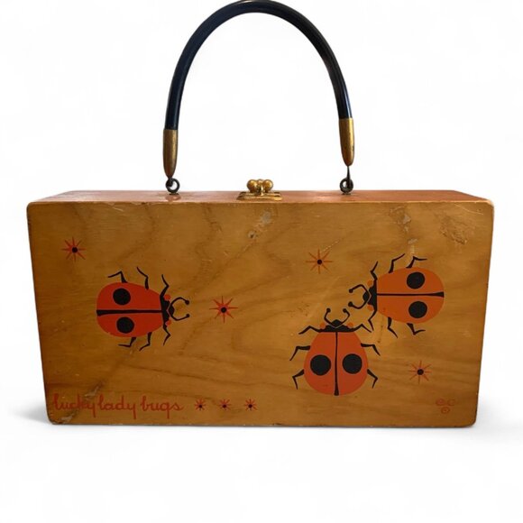 Enid Collins of Texas Handbags - Enid Collins Lucky Ladybugs Wooden Box Bag Purse 1960s Vintage with Mirror